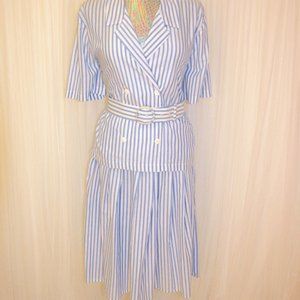 1980s Vintage Size L/XL Cotton Blue and White Pinstripe Shirt Skirt Set